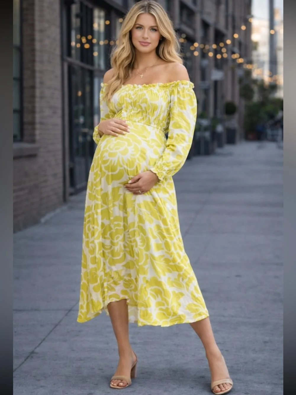 Hutch maternity off shoulder Lime and White Floral Midi Dress 38415